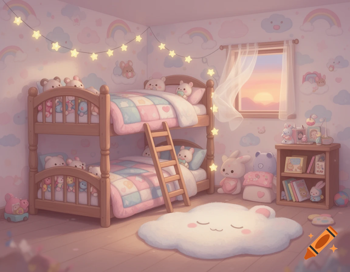 A cute, pastel cartoon bedroom featuring wooden bunk beds, plush toys, star lights, and a window with a sunset view.