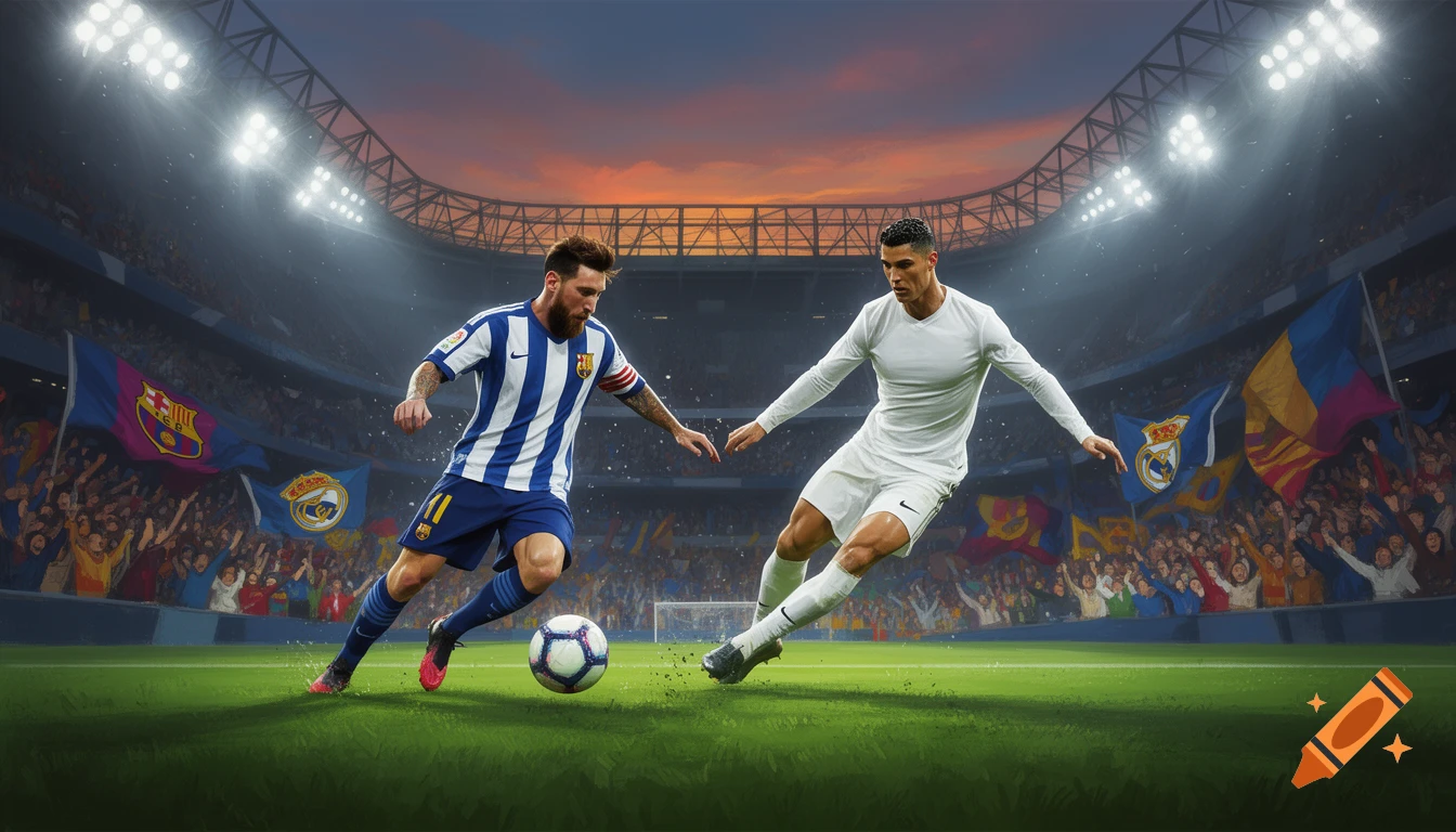 Photorealistic image of soccer players Lionel Messi and Cristiano Ronaldo competing for the ball in a brightly lit stadium at sunset, with fans and team flags in the background.