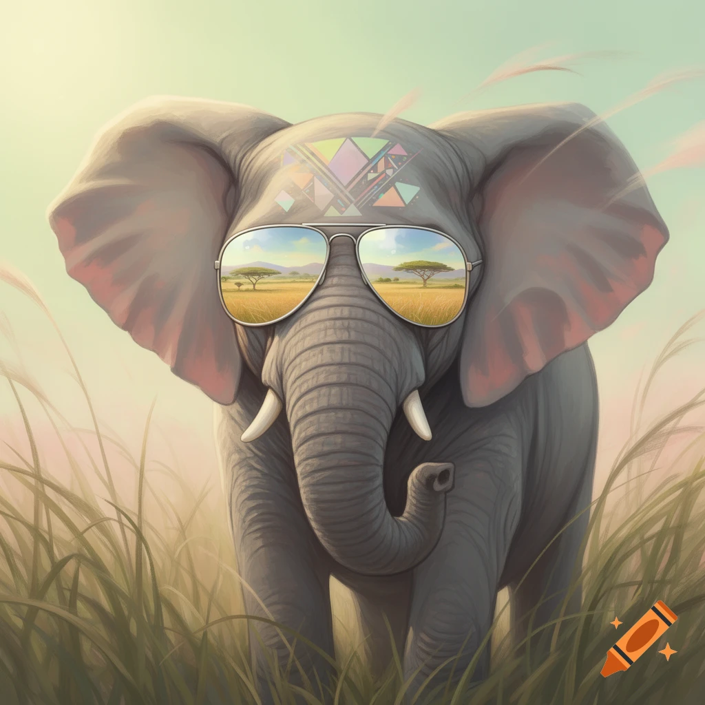 A stylized elephant wearing aviator sunglasses that reflect a safari landscape, standing in tall grass.