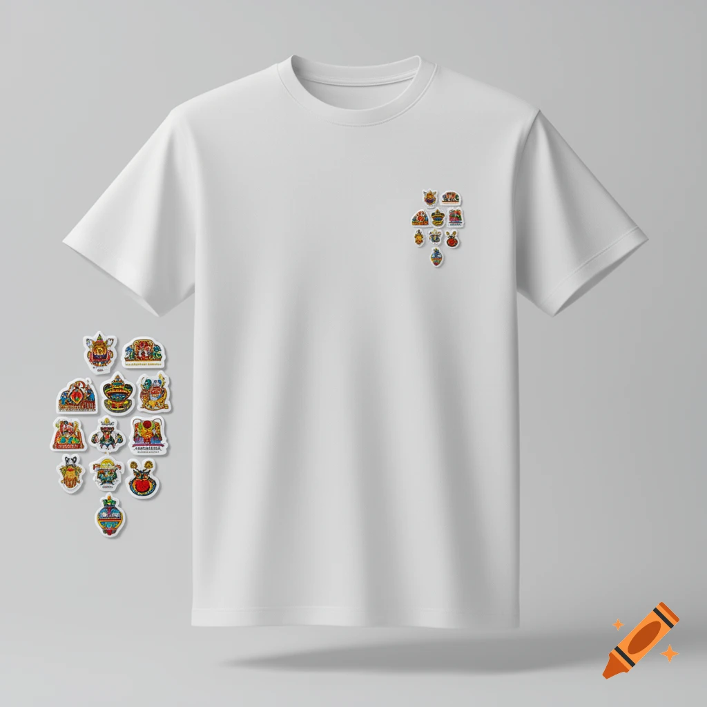 A white t-shirt on a gray background, with a group of colorful iron-on patches on the left chest area and another cluster beside it.
