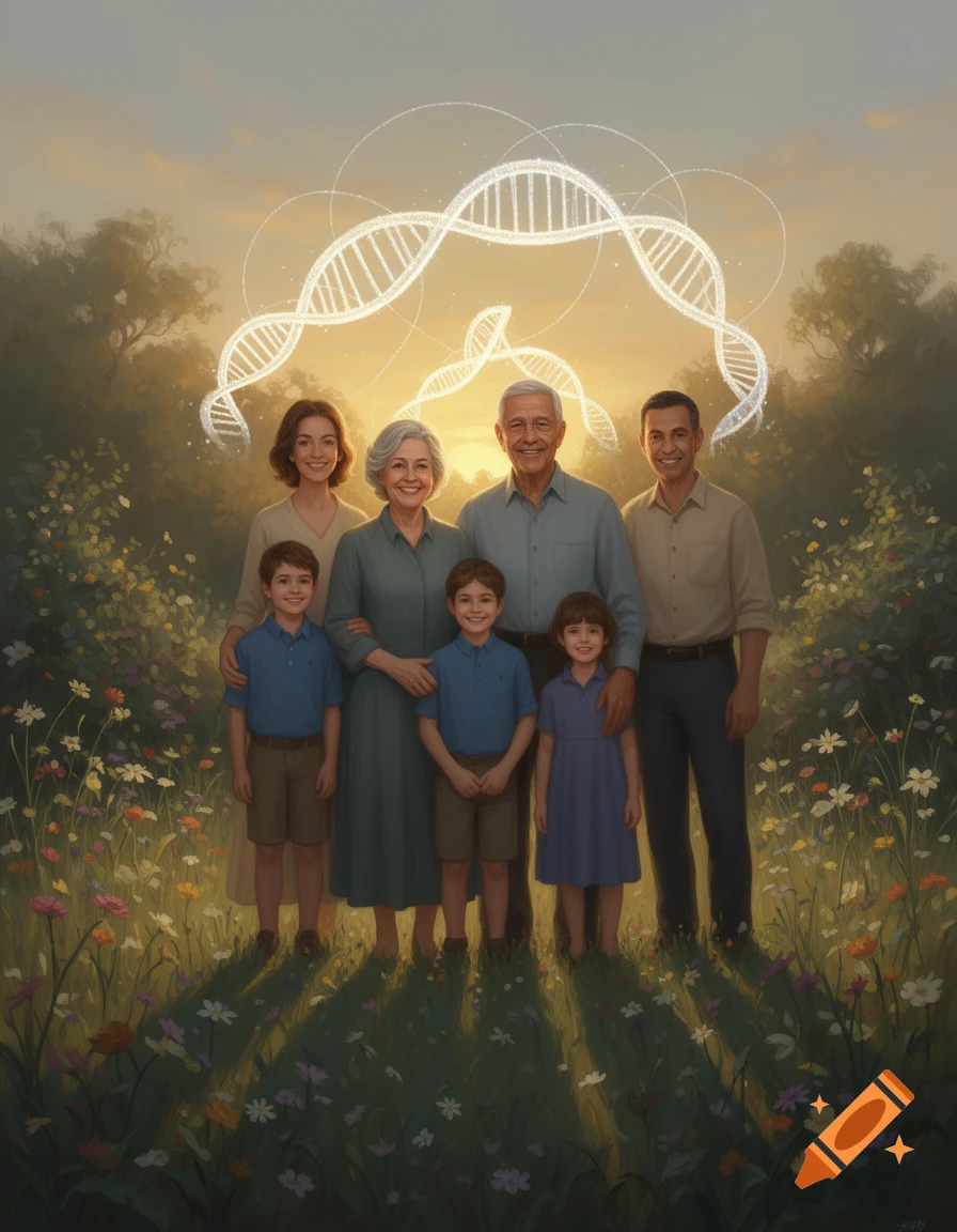 A multi-generational family portrait, including two parents, an older couple, and three children, stands in a sunlit field with glowing DNA helixes above them.