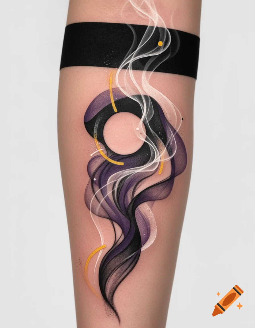 Modern abstract tattoo on a leg with black, purple, white smoke-like forms, yellow accents, and a black band.