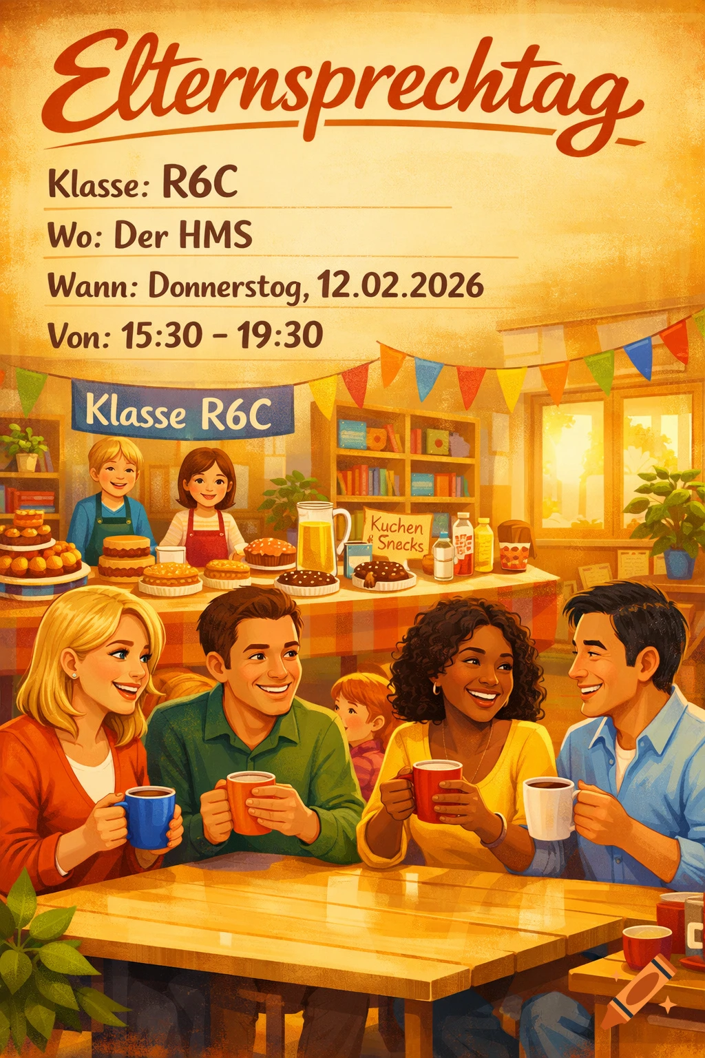 A friendly, colorful school poster illustration for a parent-teacher conference, featuring diverse families and children in a vibrant setting.