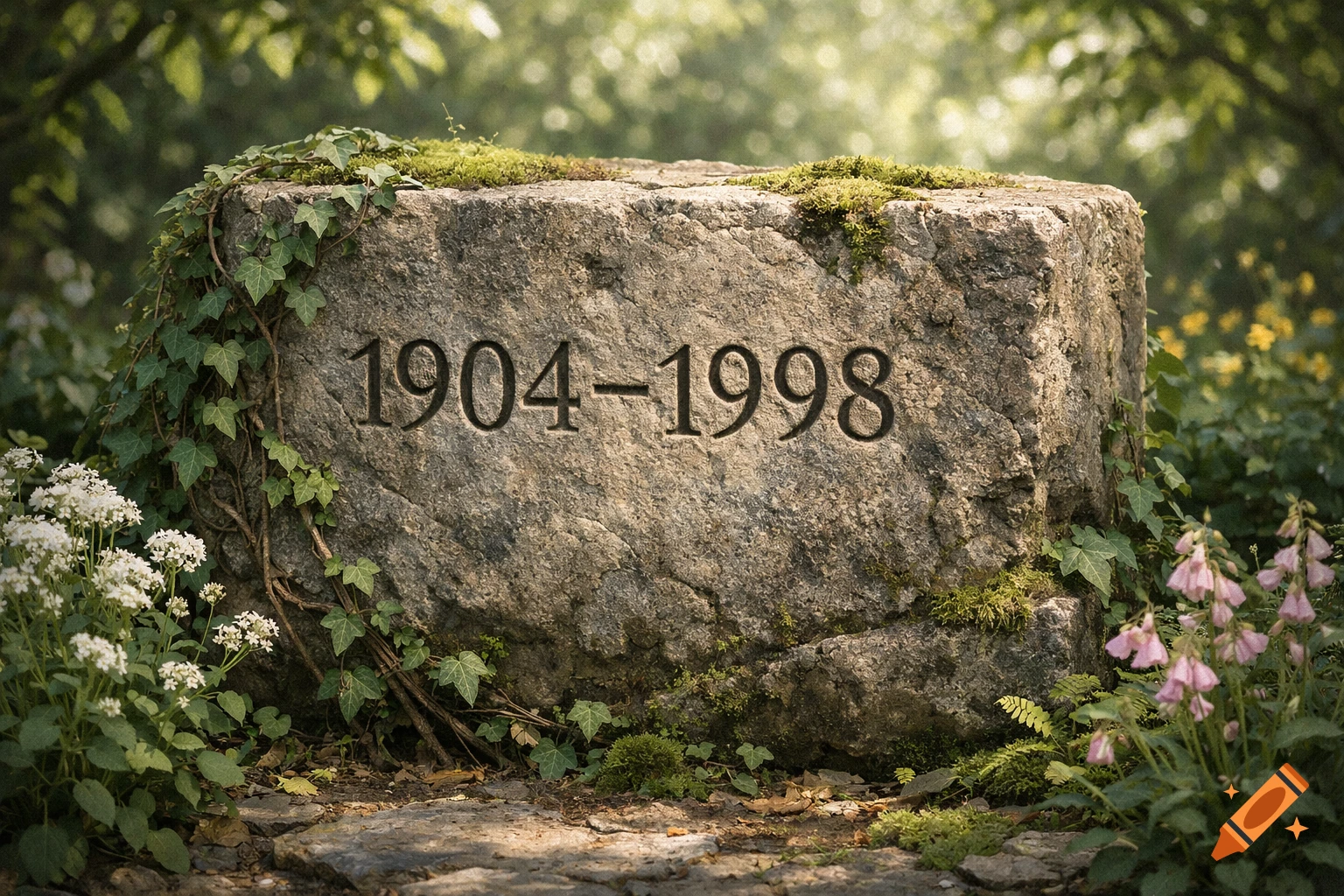 A moss-covered stone monument with 1904-1998 engraved, surrounded by ivy and wildflowers in a forest setting.