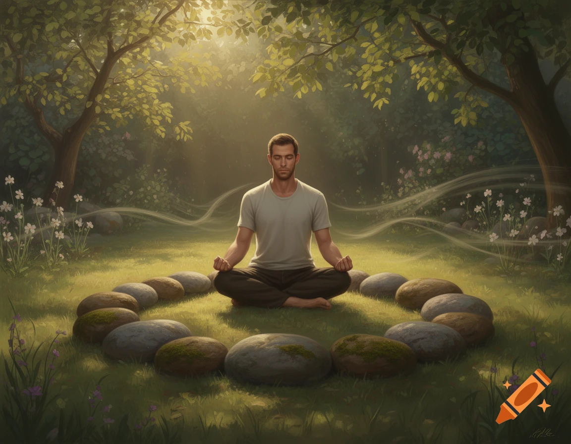 A man meditates in a cross-legged pose, surrounded by a circle of stones, in a sunlit forest clearing.