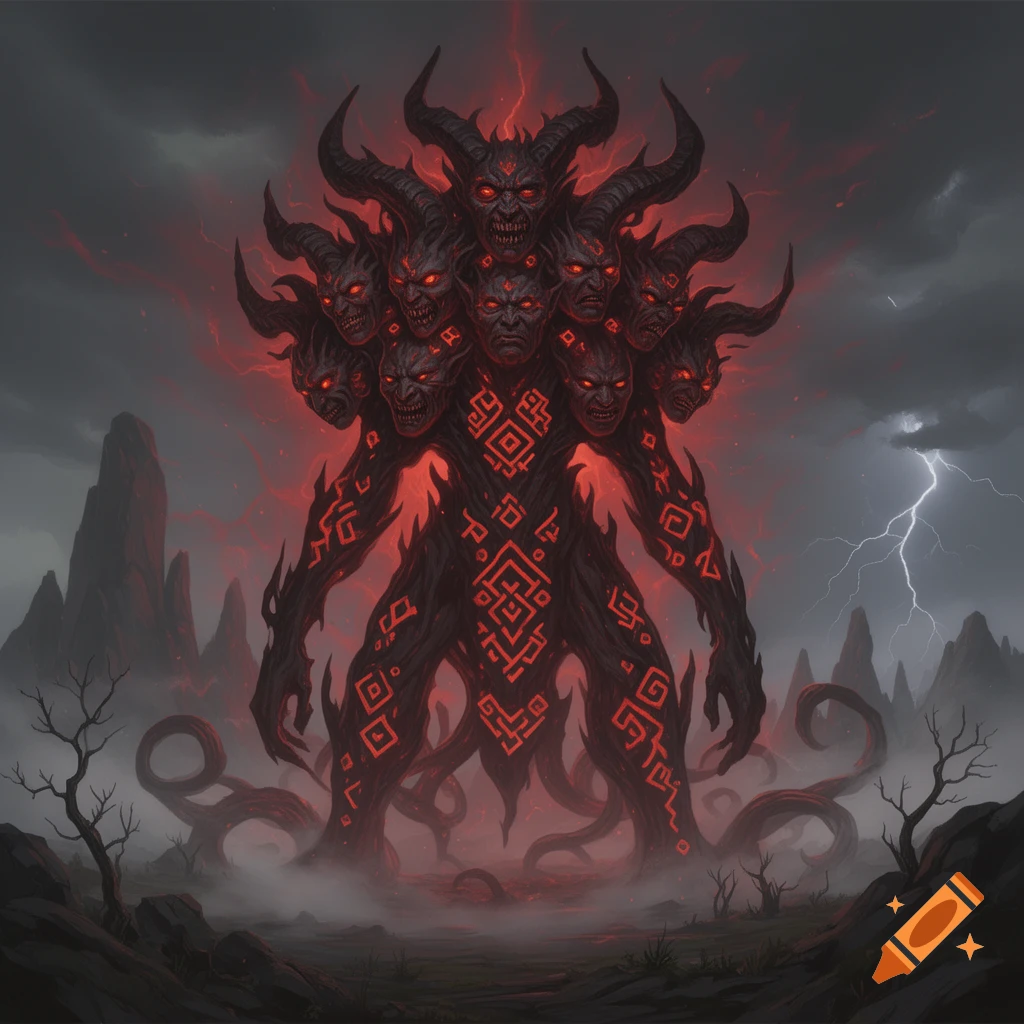 A demonic creature with many horned, red-eyed faces, glowing red patterns on its body, stands in a dark, stormy landscape with lightning and misty ground.