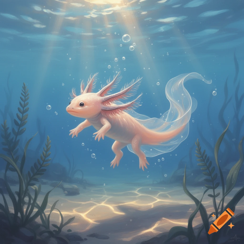 Cute pink axolotl with a flowing tail swims in clear blue water with sunbeams and aquatic plants, illustration.