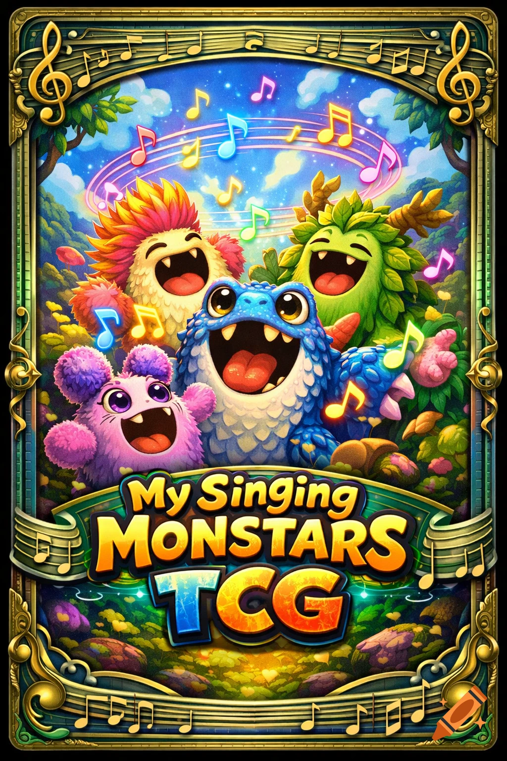 Colorful cartoon monsters singing on a card game title with musical notes and a golden border.