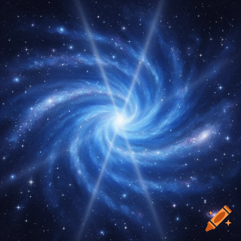 A blue spiral galaxy with a bright core and crossing light beams, surrounded by stars in deep space.