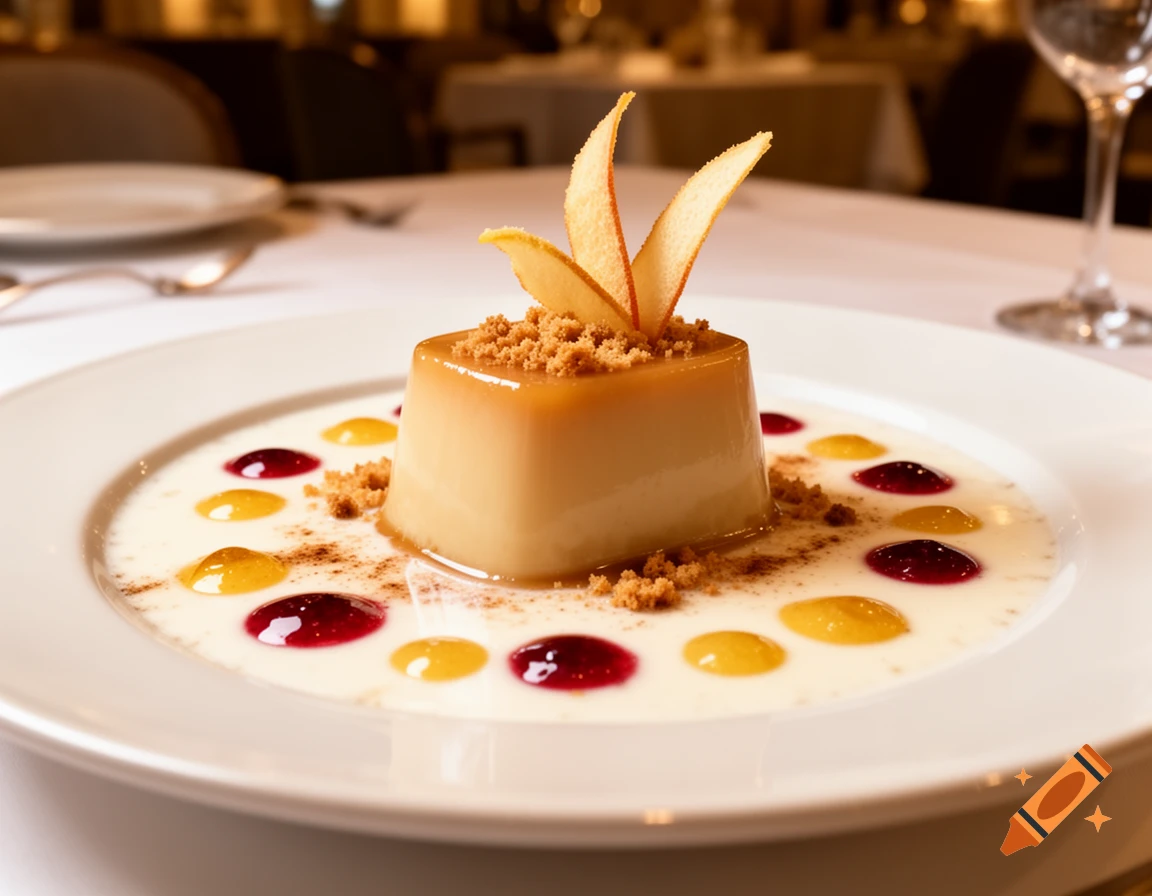 A perfectly plated square pudding or flan in a pool of white sauce with red and yellow fruit coulis dots, topped with crumble and apple slices, on a white plate in a restaurant.