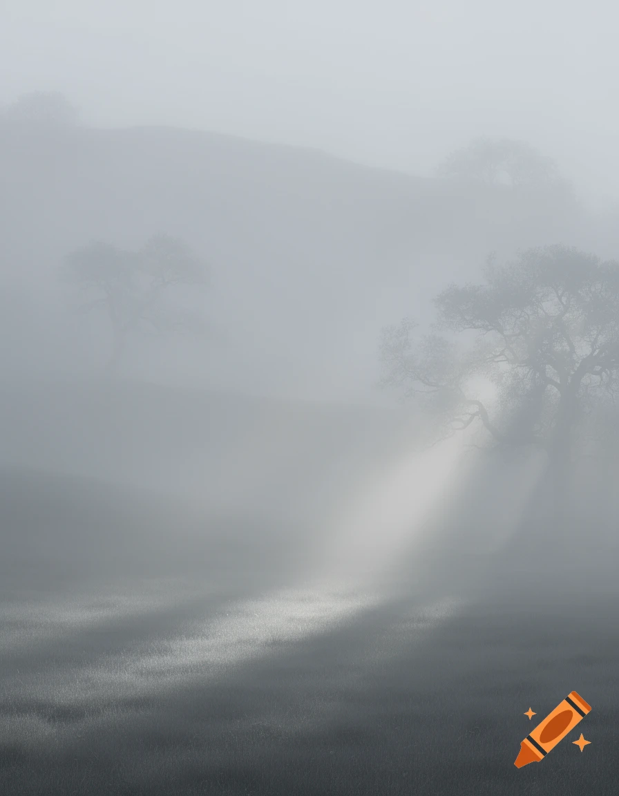 A misty, grey landscape with silhouetted trees and shafts of light illuminating patches of grass.