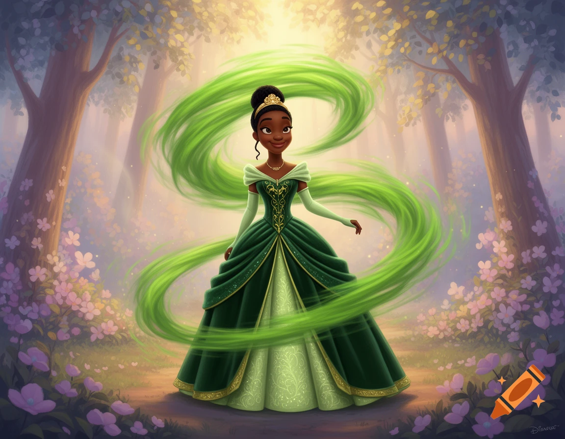 Princess Tiana in an ornate green gown, surrounded by a swirling green magical aura, stands in a whimsical forest clearing.