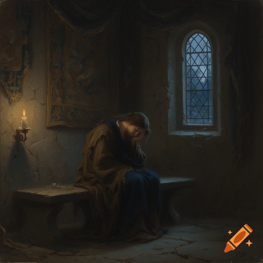 An oil painting shows a sad person in ragged clothes sitting on a stone bench in a dark, candlelit ancient room with a window.