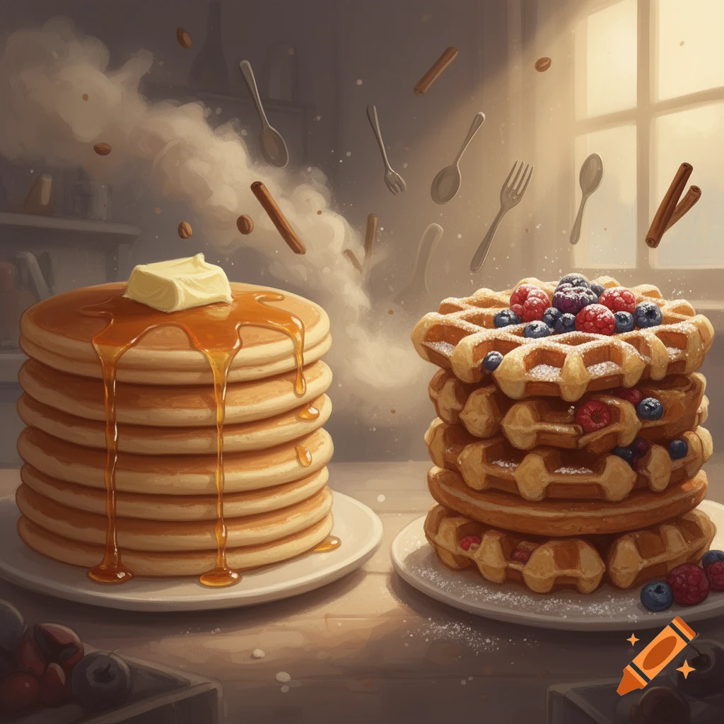 A stack of pancakes with butter and syrup next to a stack of waffles with berries and powdered sugar, with floating utensils in a kitchen.