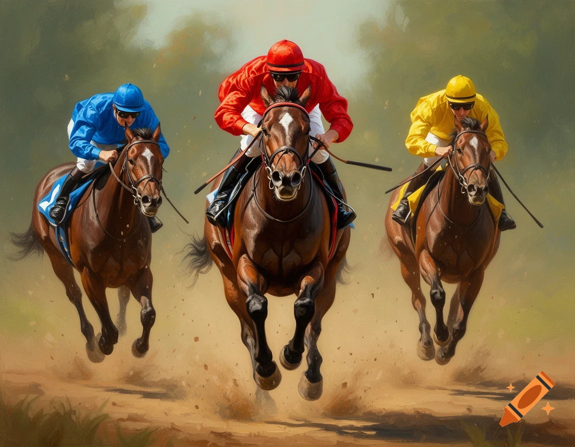 Three racehorses with jockeys in blue, red, and yellow silks run toward the camera on a dusty track, in a dynamic painterly style.