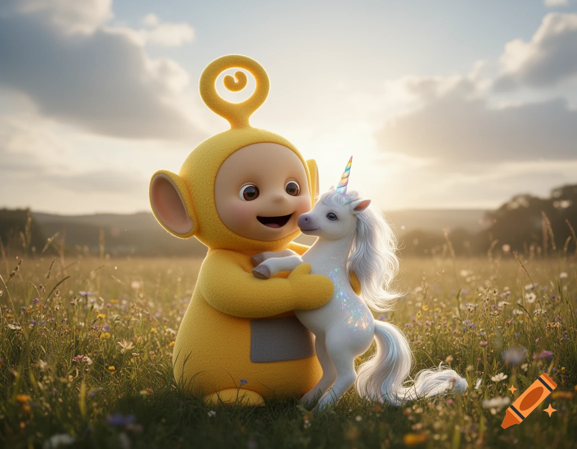 Photorealistic yellow Teletubby Laa-Laa with a happy grin hugging a unicorn foal in a sunny field of wildflowers.