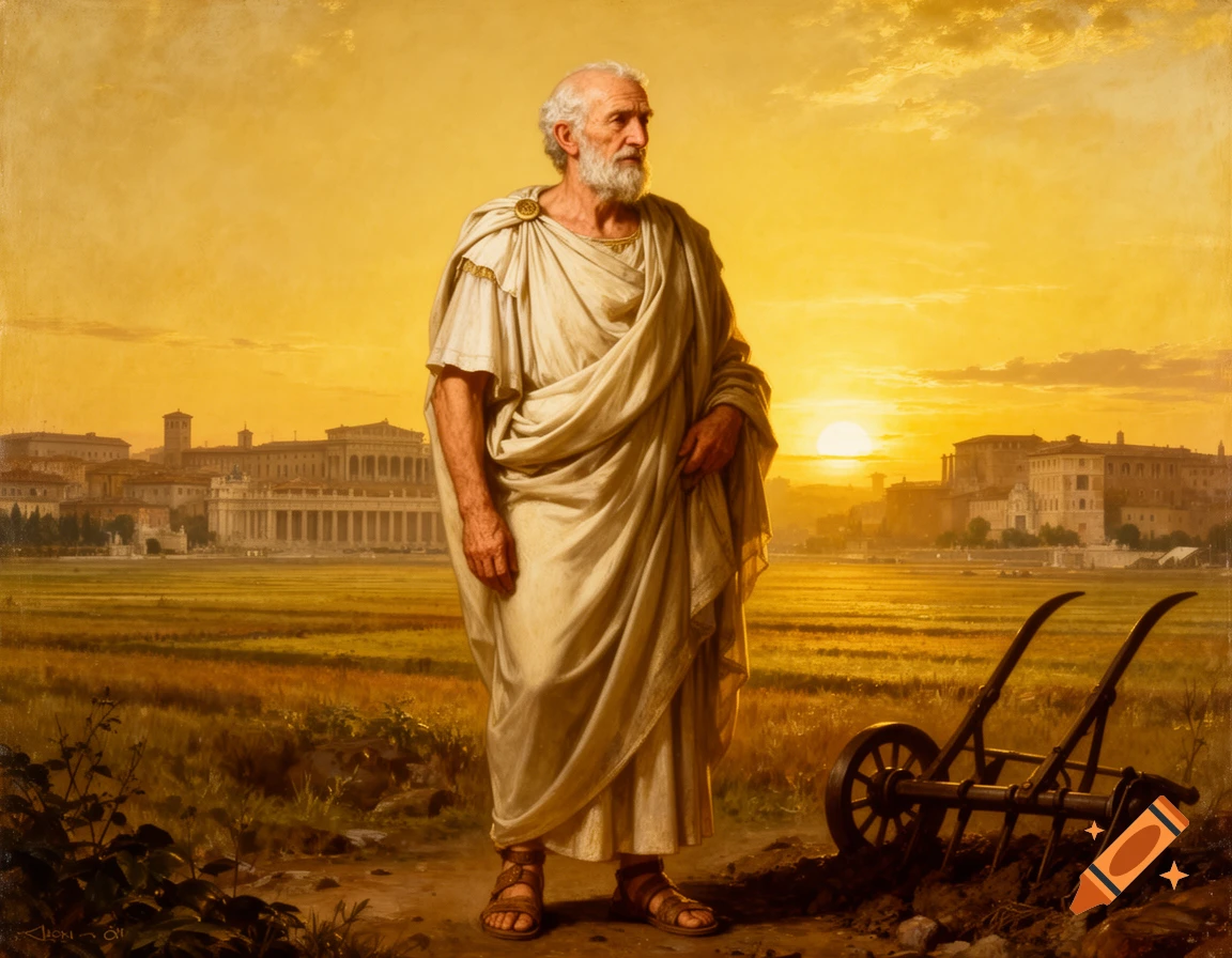 Classical painting of an old, bearded man in a white toga standing in a field with an ancient city at sunset.