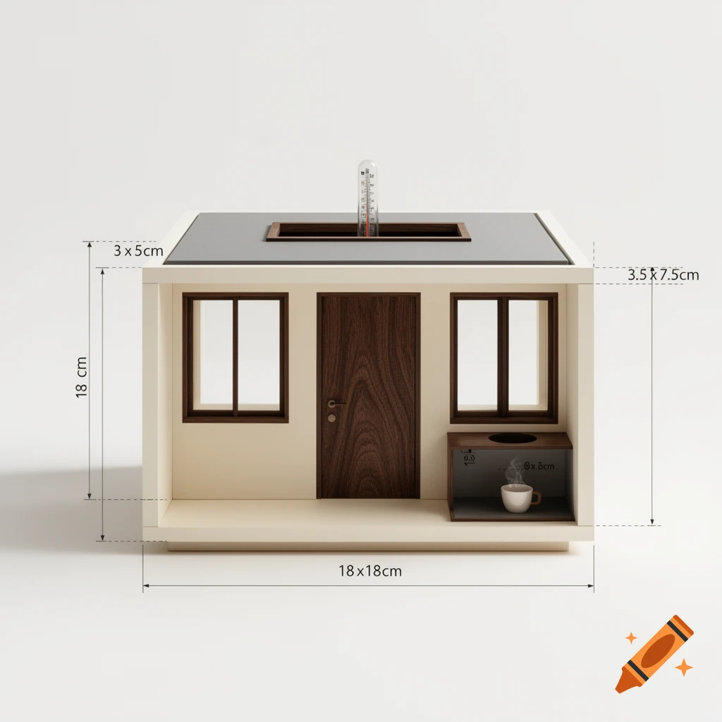 A minimalist architectural model of a small house with measurement lines, windows, a door, a thermometer in the roof, and a cup in an alcove.