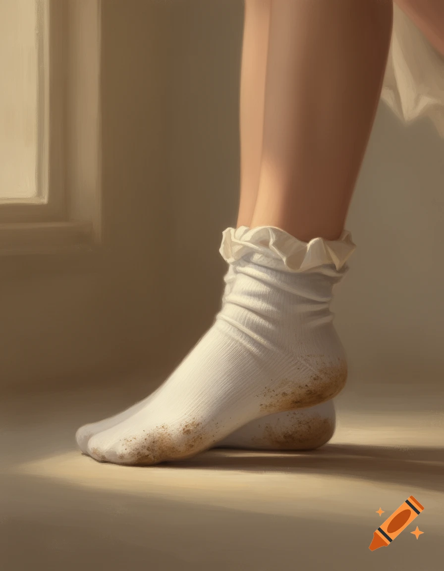A close-up of a person's legs and feet wearing ruffled white ankle socks with dirty soles, standing on a light-colored floor.