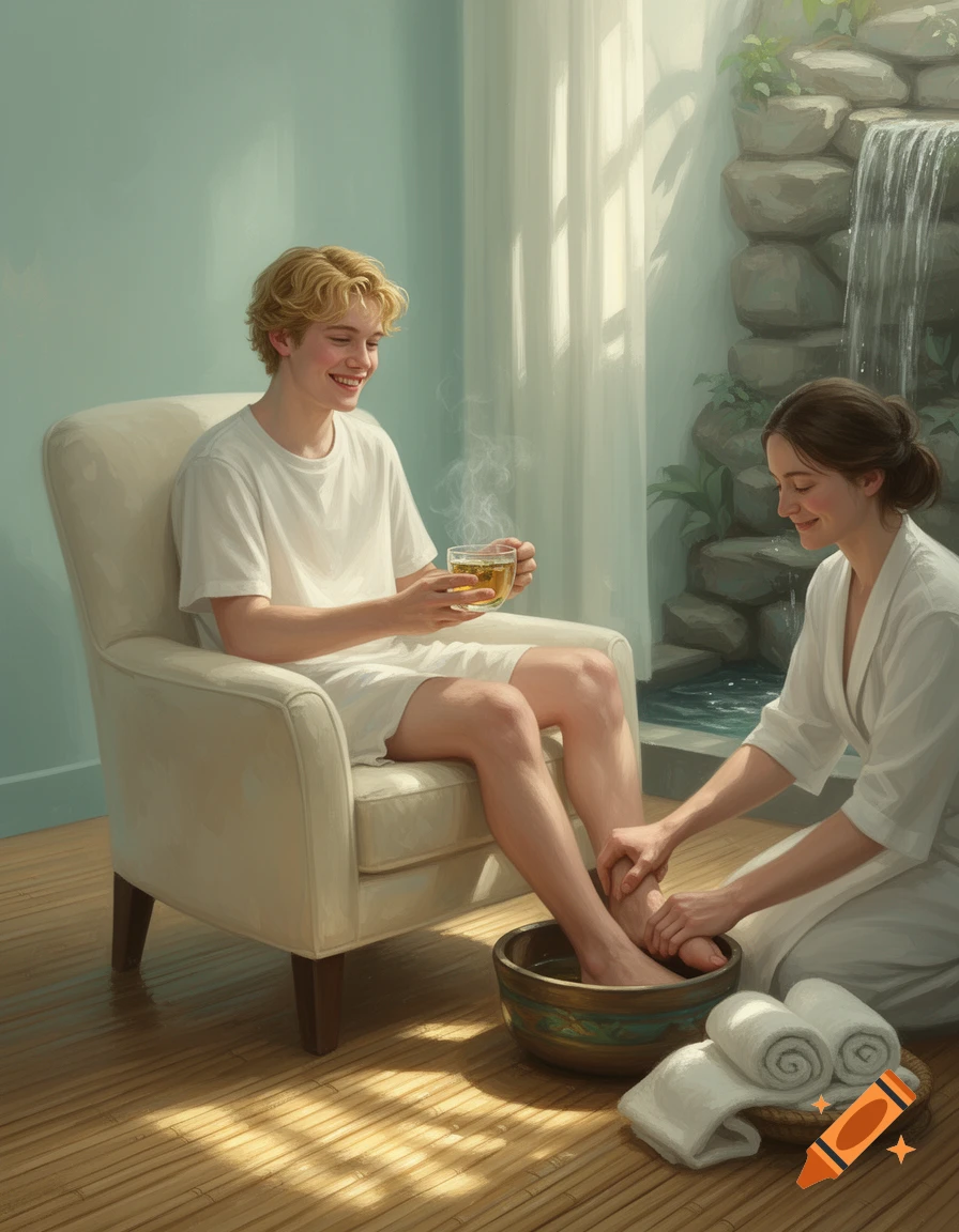 A smiling young man with blonde hair sits in an armchair, sipping tea while a woman gives him a foot massage in a serene room with a waterfall.