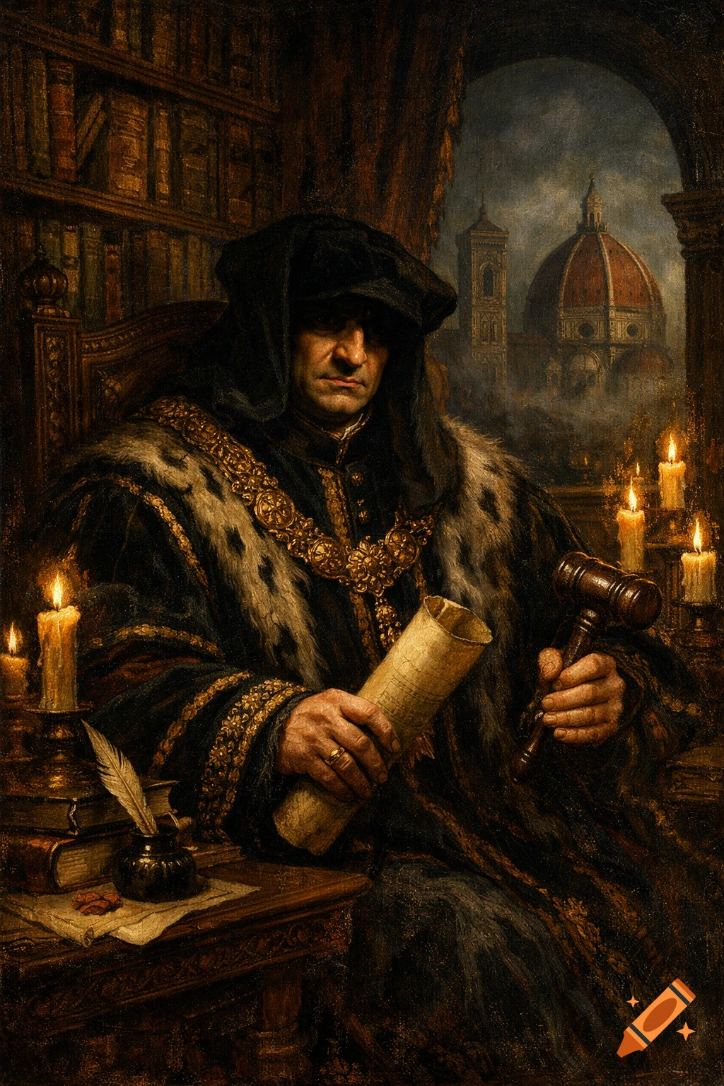 Oil painting of a stern man in elaborate magistrate robes holding a scroll and gavel, sitting in a dimly lit library with the Florence Cathedral visible outside.