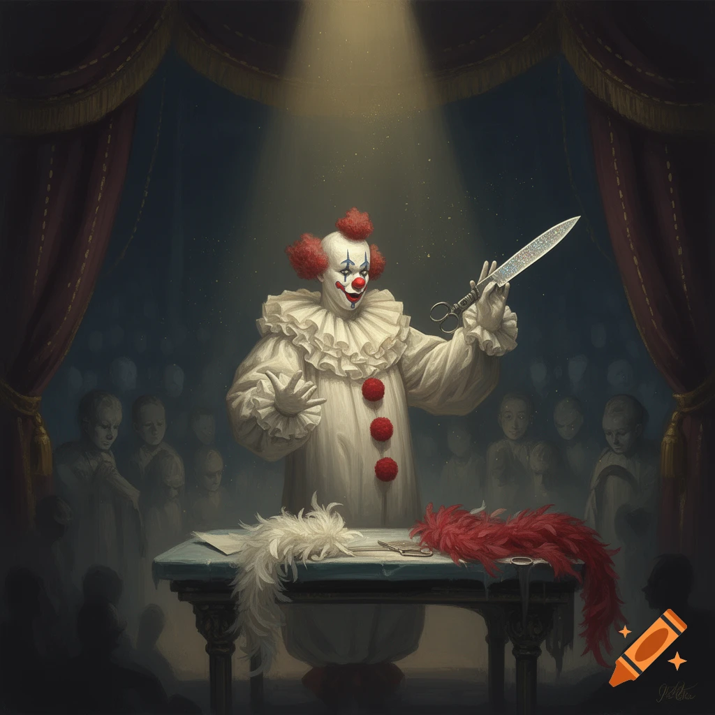 A sad clown in a white ruffled costume and red pom-poms stands on a stage holding a large, glittery knife. Shadowy figures watch from the audience.