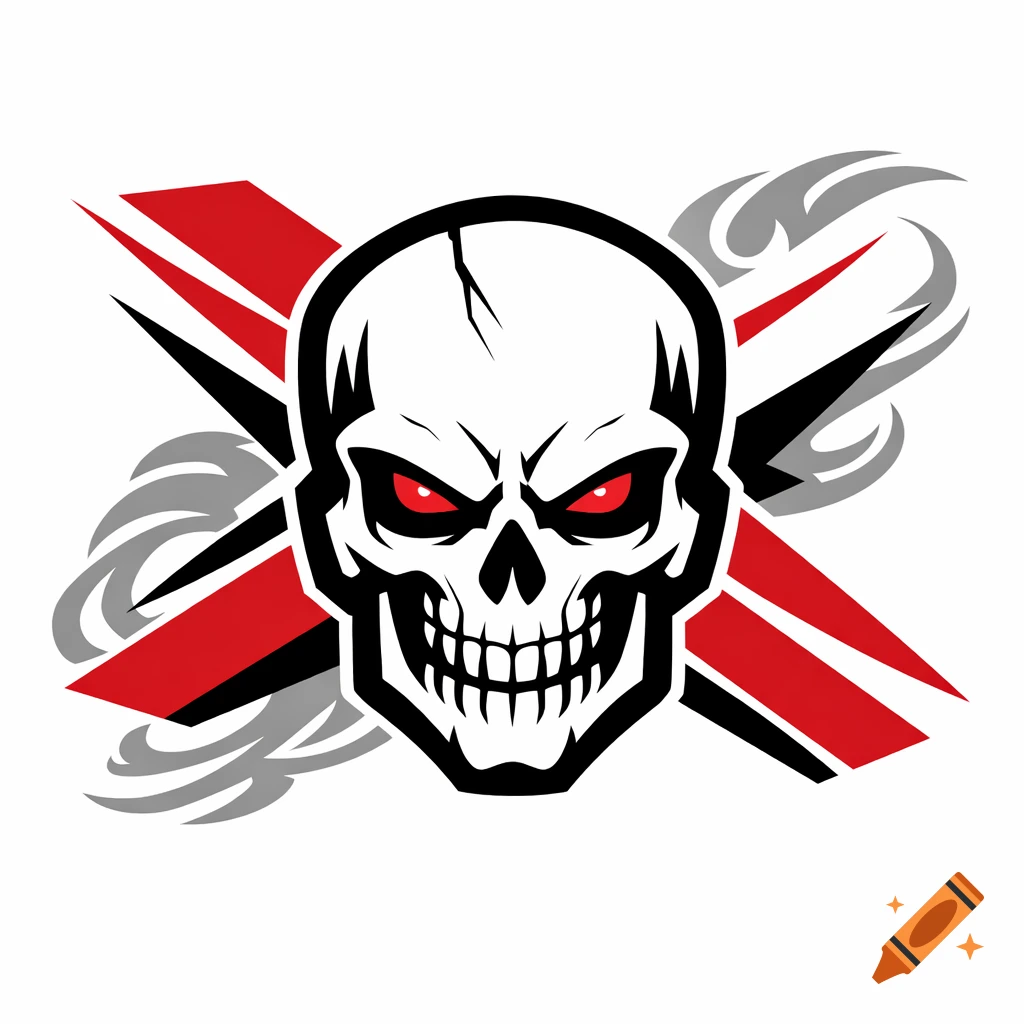 A stylized white skull with glowing red eyes, against crossed red and black abstract shapes and grey smoke in 2D graphic style.