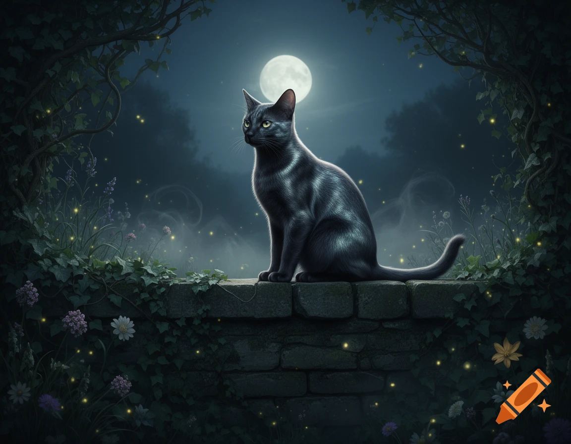 A sleek black cat sits on a stone wall at night, bathed in moonlight ...