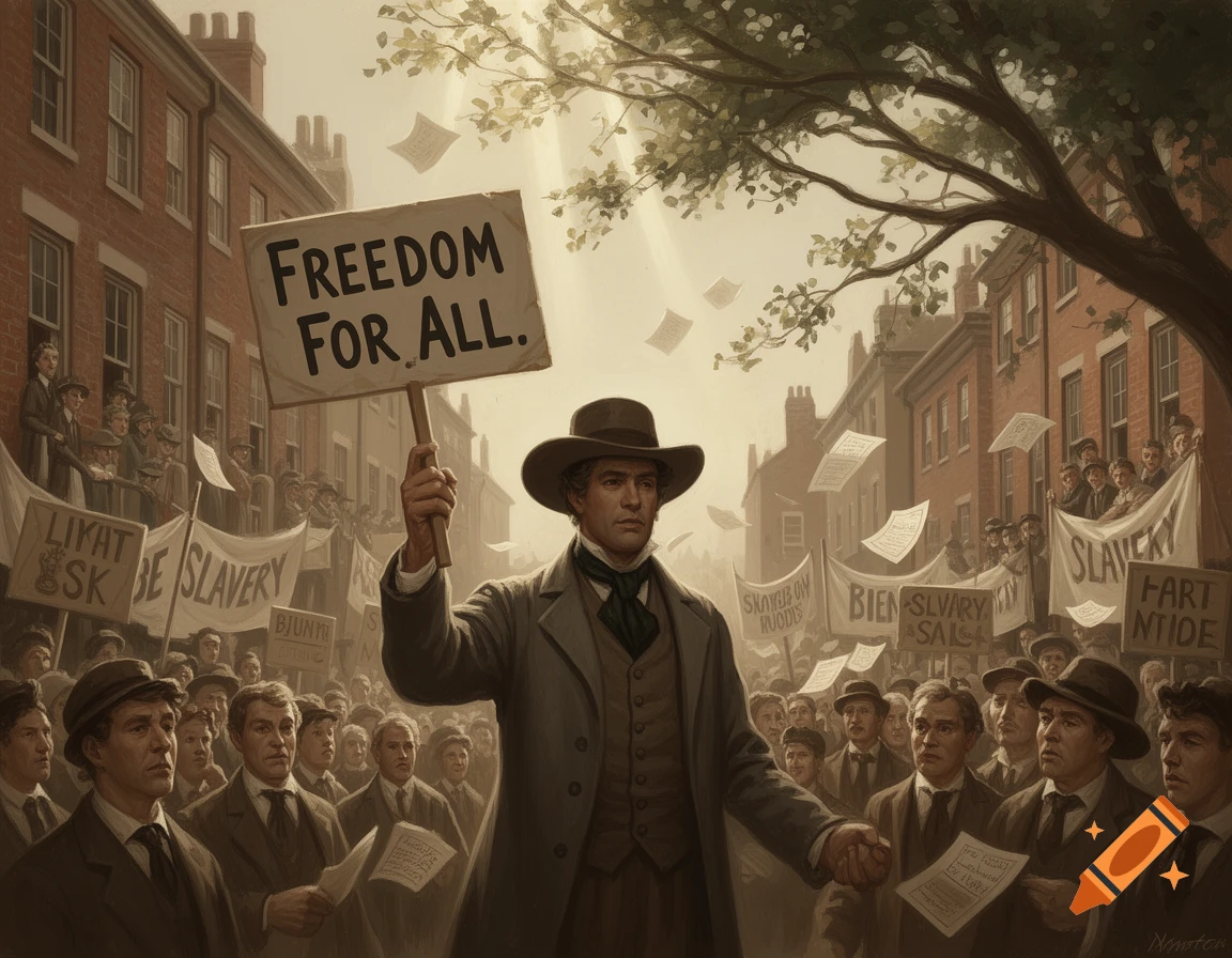 A man in a hat holds a "FREEDOM FOR ALL" sign leading an abolitionist protest in an 1800s town, with a crowd and banners in the background.