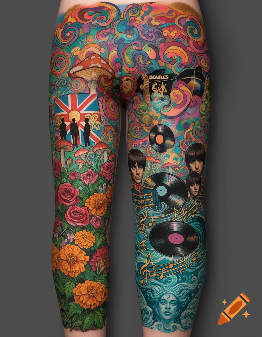 Human legs covered in vibrant, psychedelic Beatles-themed body art with album art, musical notes, flowers, and mushrooms.