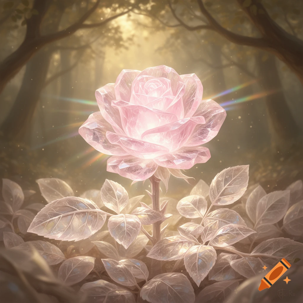 A glowing pink crystal rose with translucent leaves stands in a magical, sun-dappled forest.