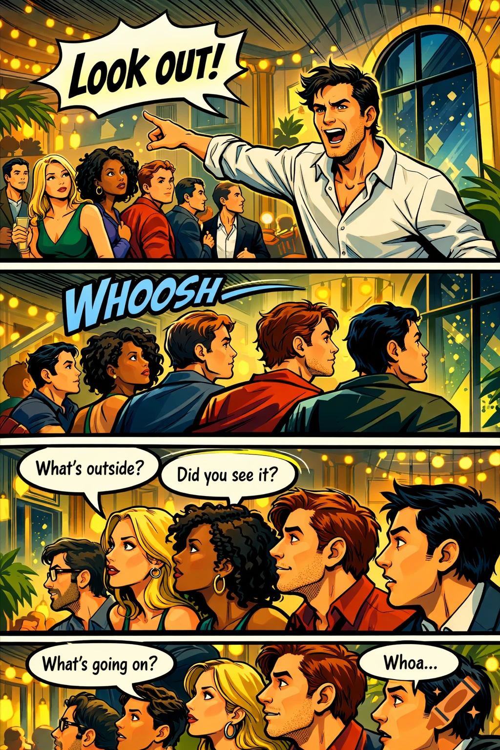 A comic strip showing a man at a party pointing outside a window saying "Look out!". Other partygoers react with surprise.