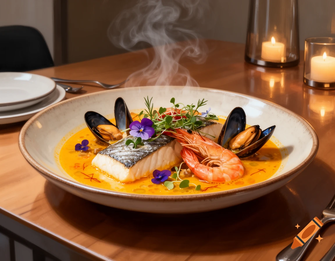 Gourmet seafood dish with fish, shrimp, and mussels in yellow broth, garnished with herbs and flowers, steaming on a table with candles.