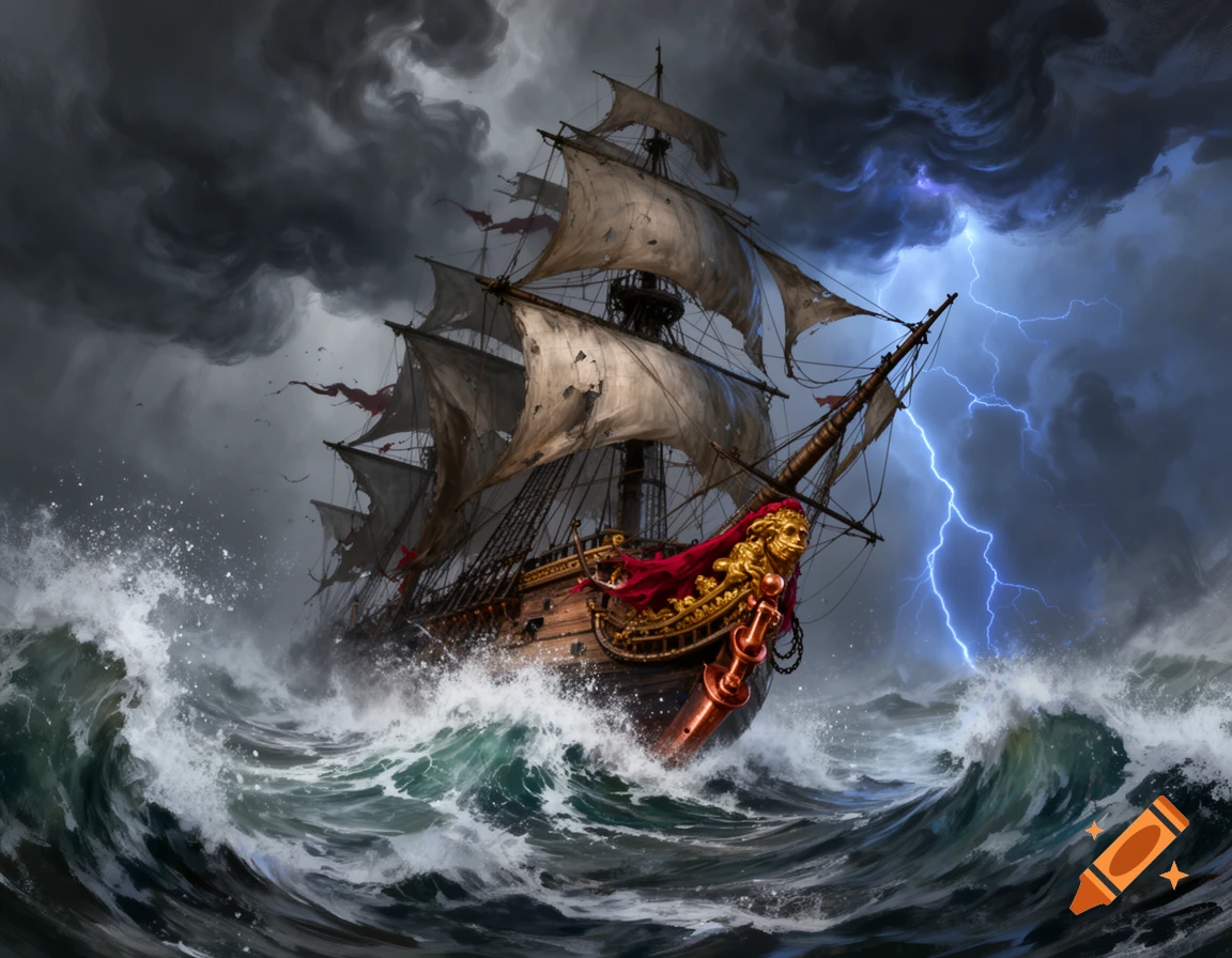 A large, weathered sailing ship with tattered sails battles huge waves under a stormy, lightning-filled sky.