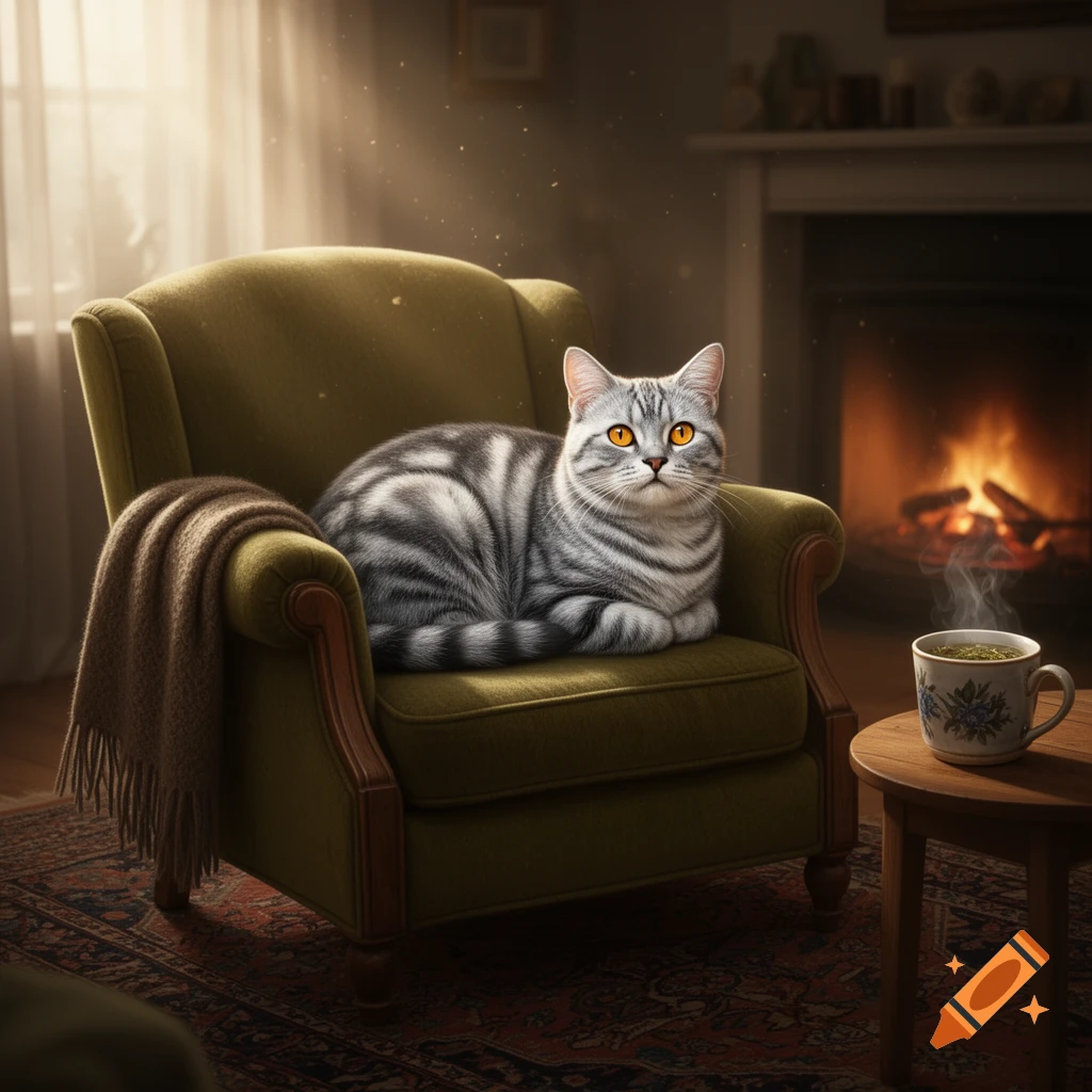 A photorealistic image of a silver tabby cat curled up on a green armchair by a fireplace with a steaming mug.