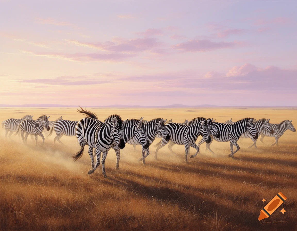 A herd of zebras runs across a dusty savanna at sunset, with a pink and orange sky above.