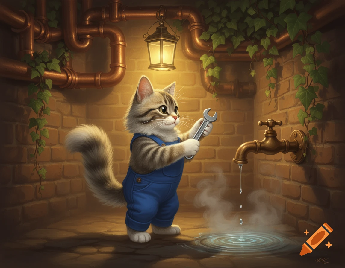 A cute, cartoonish cat plumber in blue overalls holds a wrench next to a dripping faucet in a brick basement.