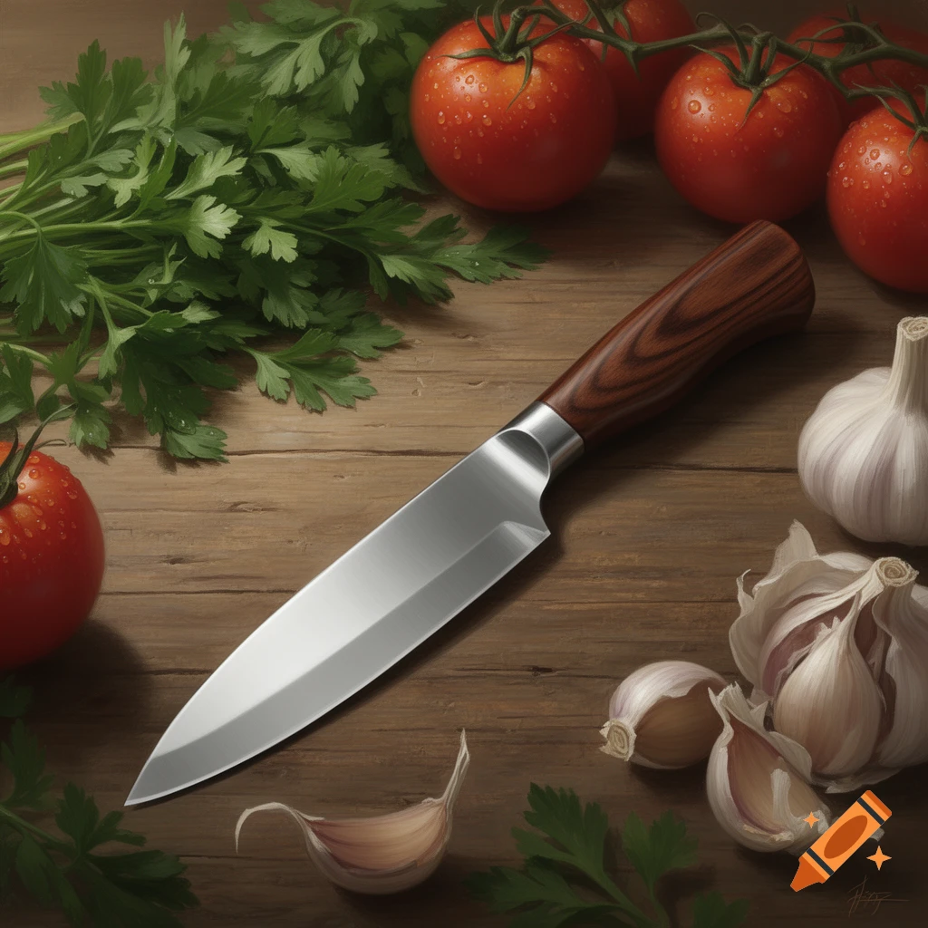 A chef's knife with a wooden handle rests on a rustic wooden table alongside fresh red tomatoes, green parsley, and white garlic cloves.