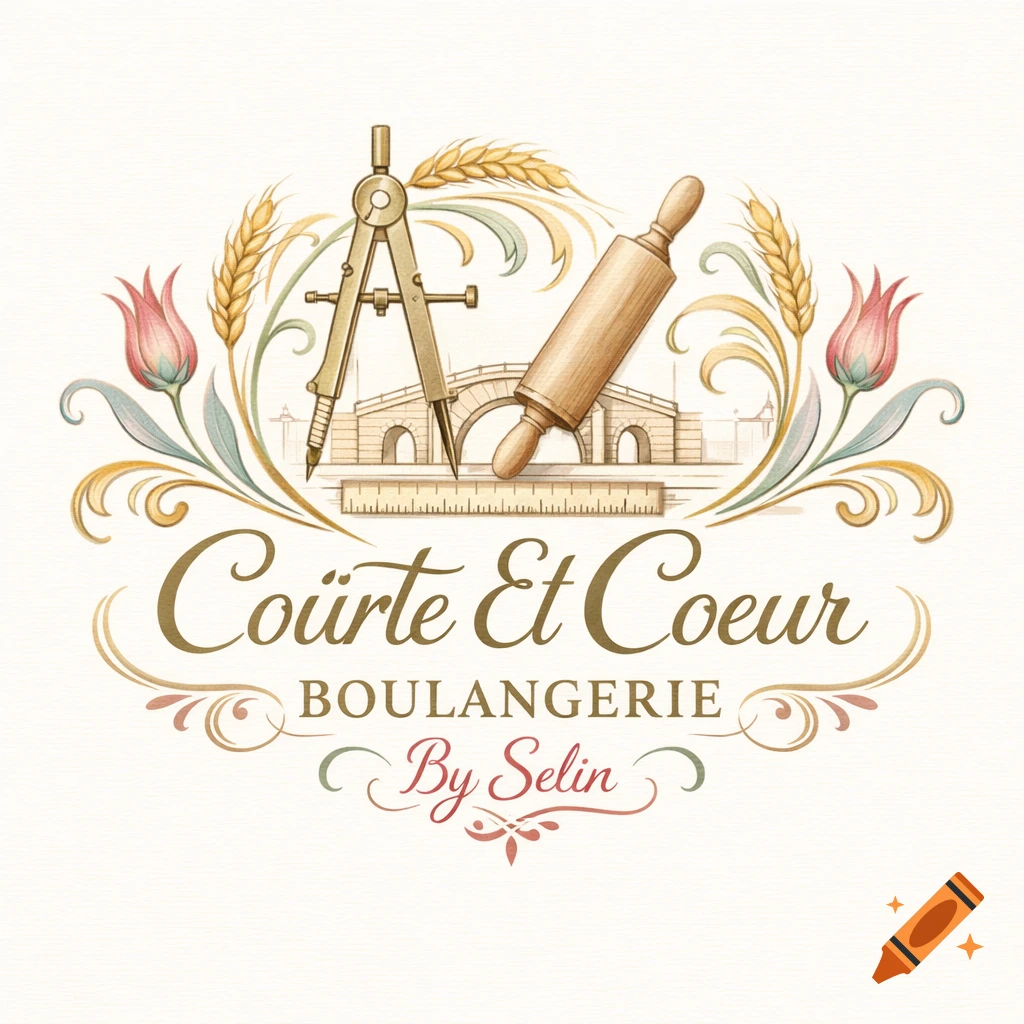 Watercolor logo for Coûrte Et Coeur Boulangerie By Selin, with a compass, rolling pin, bridge, wheat, and tulips.