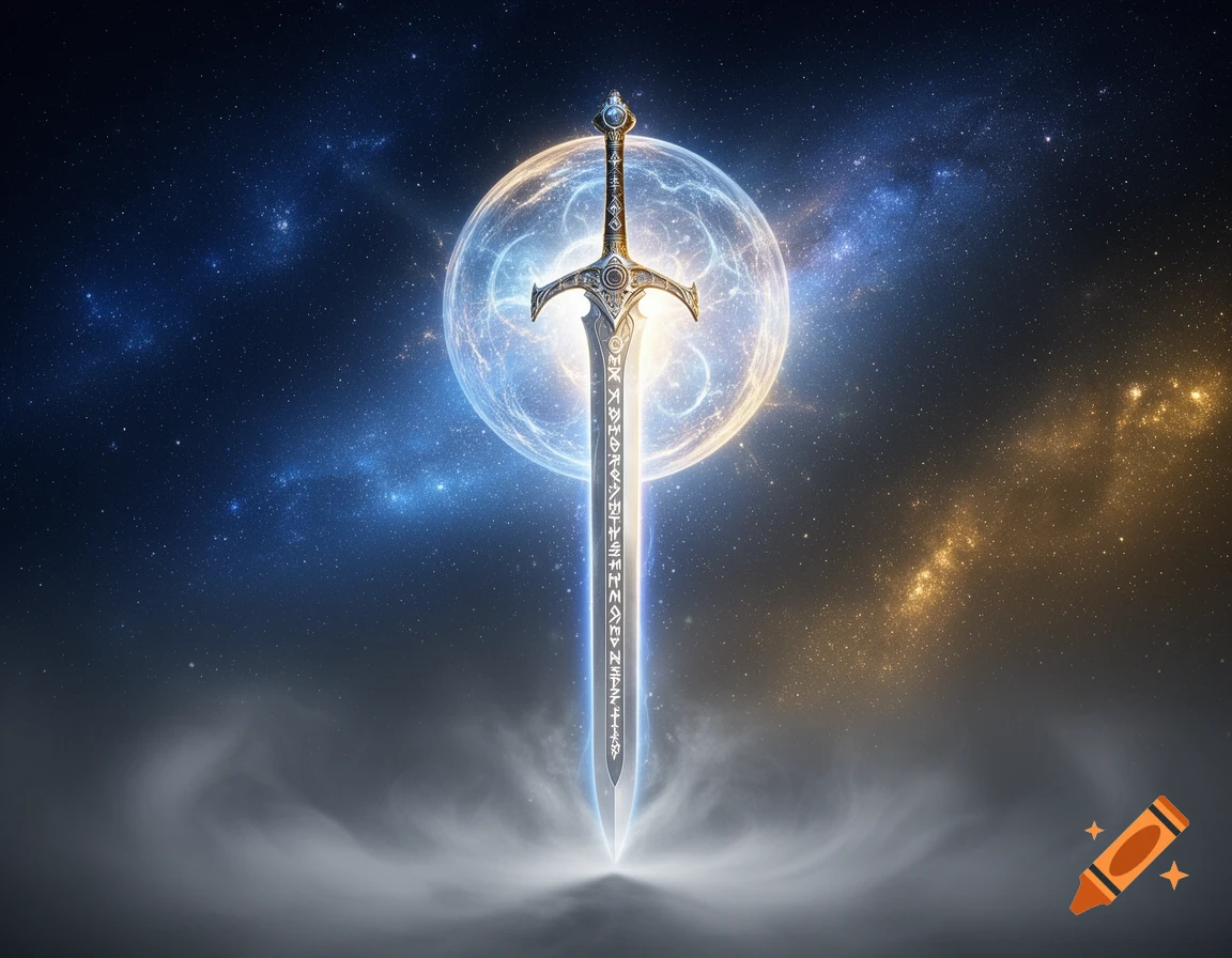 An ornate glowing sword with runes on its blade stands in front of a ...
