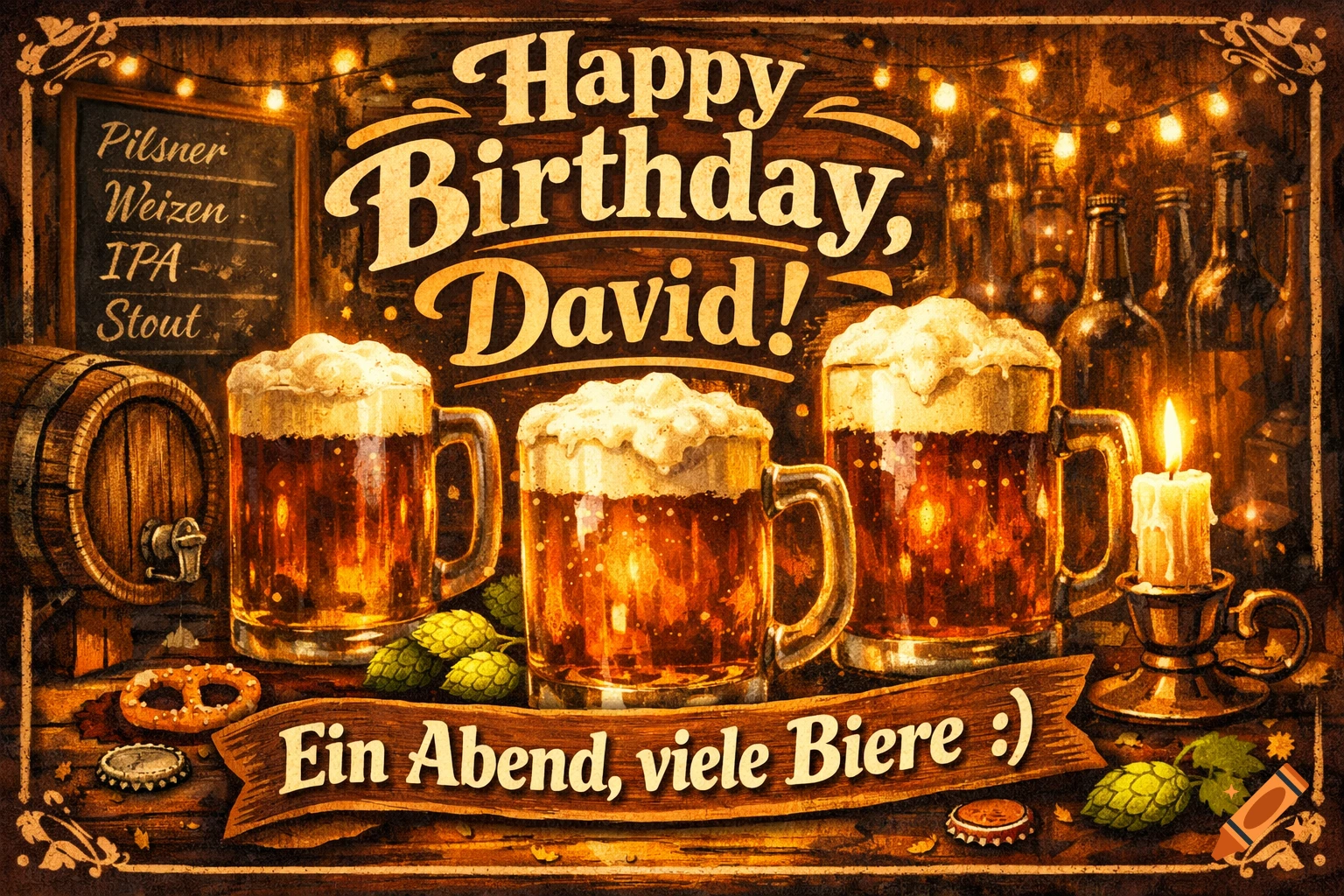 Vintage-style birthday greeting card featuring three mugs of foamy beer, a wooden barrel, hops, and a candle in a warm pub setting. Text reads "Happy Birthday, David! Ein Abend, viele Biere :)"