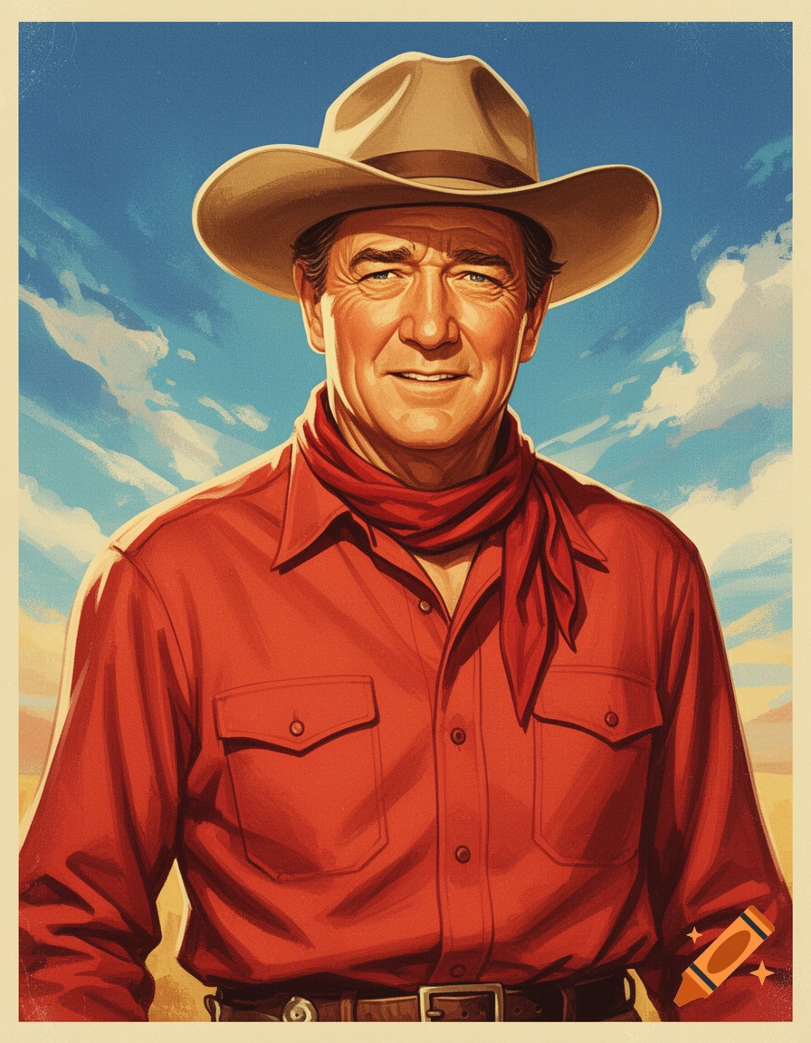 A vintage poster-style portrait of John Wayne smiling, wearing a cowboy hat, red shirt, and red bandana against a vibrant blue sky.