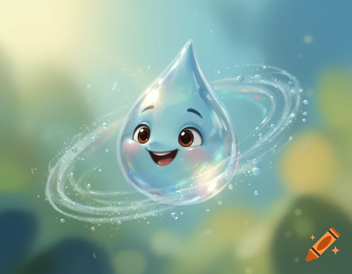 A cute, happy cartoon water drop character with big eyes and a smile, surrounded by swirling water effects, on a soft, blurry green and yellow background.