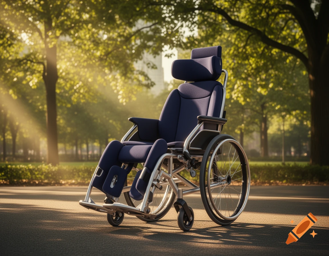 Photorealistic image of a blue wheelchair with a silver frame on a paved path in a sunlit park with green trees.