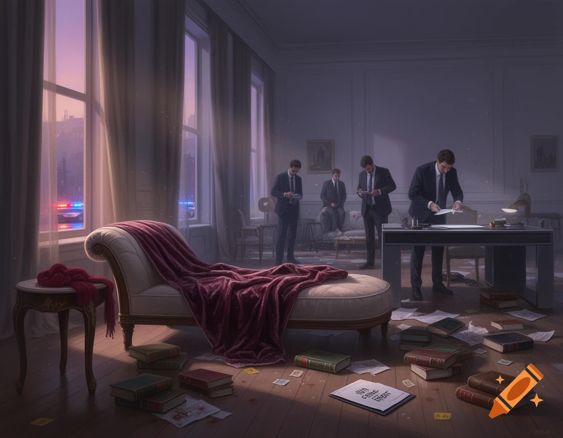 A photorealistic image of a dimly lit room where detectives investigate a crime scene. Books and papers are scattered on the floor, and police lights flash outside the window.