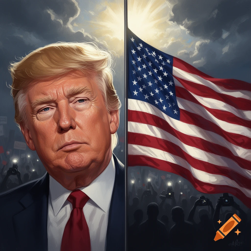 Stylized portrait of Donald Trump with a serious expression, partially obscured by a flagpole flying the American flag, against a dramatic sky with a crowd below.