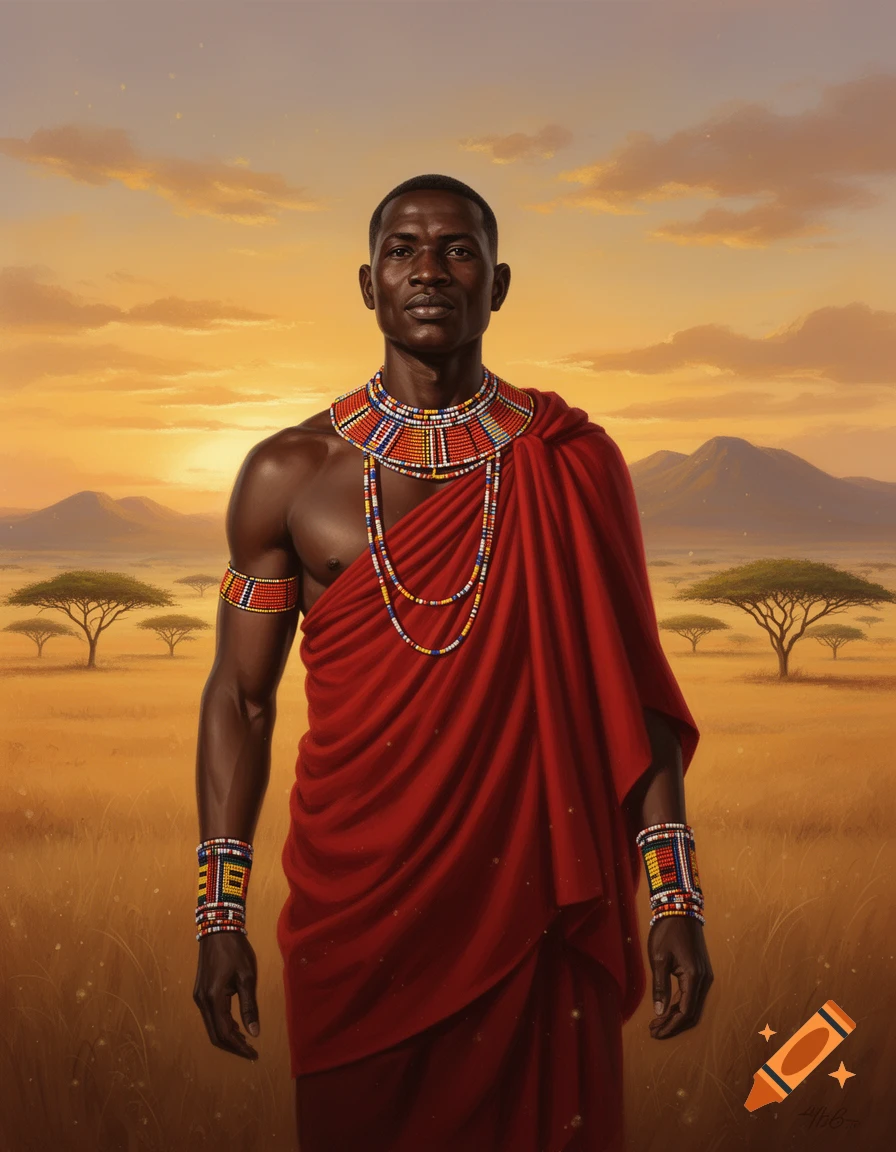 A photorealistic painting of an African man in red traditional attire and beaded jewelry standing in a savanna at sunset.