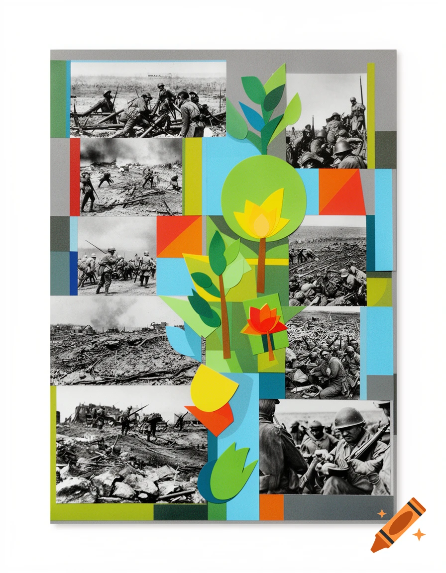 A collage combining black and white war photographs with colorful, geometric paper cutouts of plants and flowers, arranged in a grid pattern.