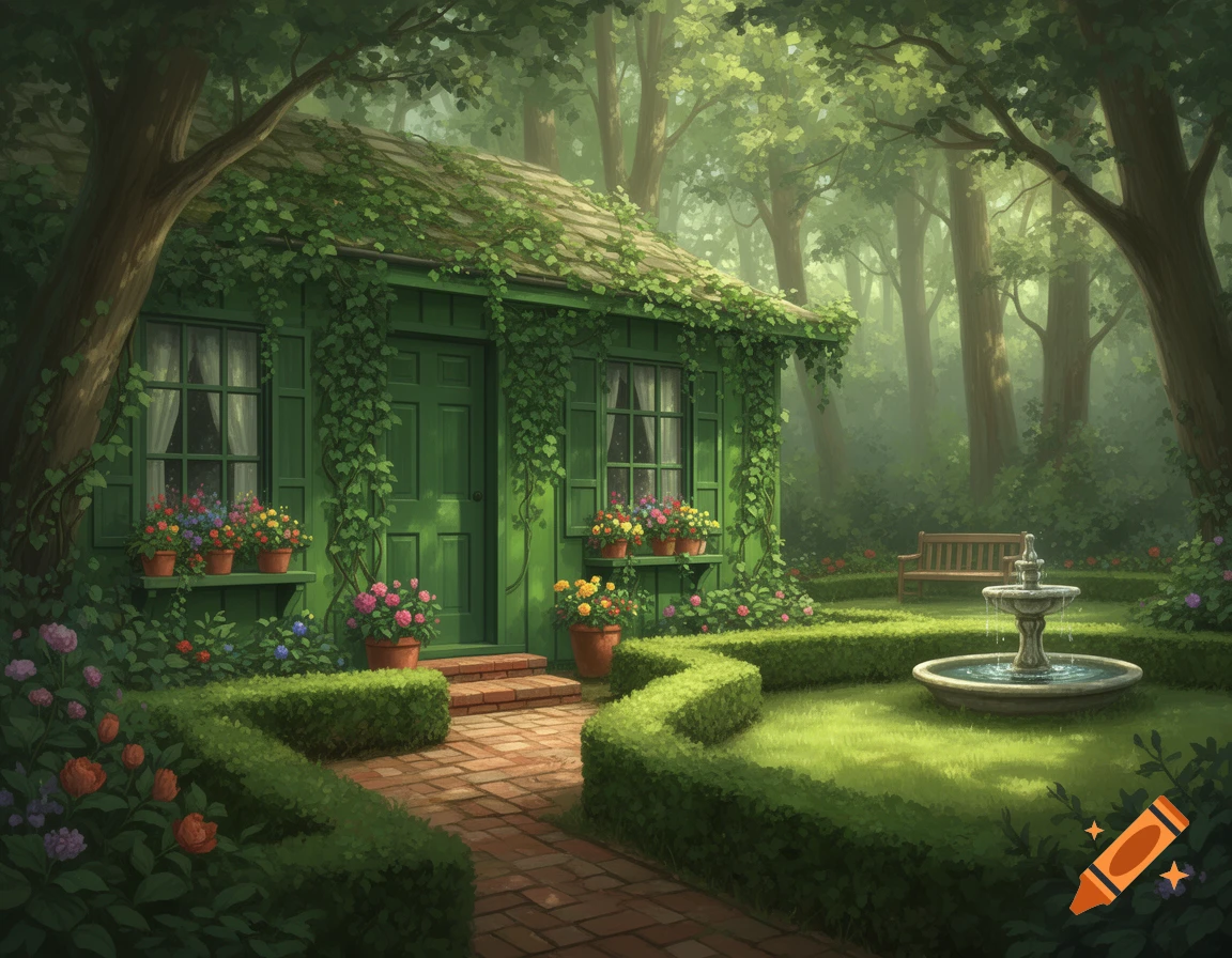 A verdant, ivy-covered cottage with potted flowers, a brick path, and a stone fountain in a lush, misty forest garden, in a painterly style.