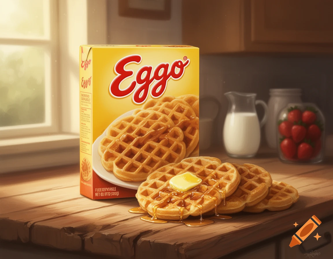 A box of Eggo waffles next to a stack of golden waffles topped with butter and maple syrup on a rustic wooden table.